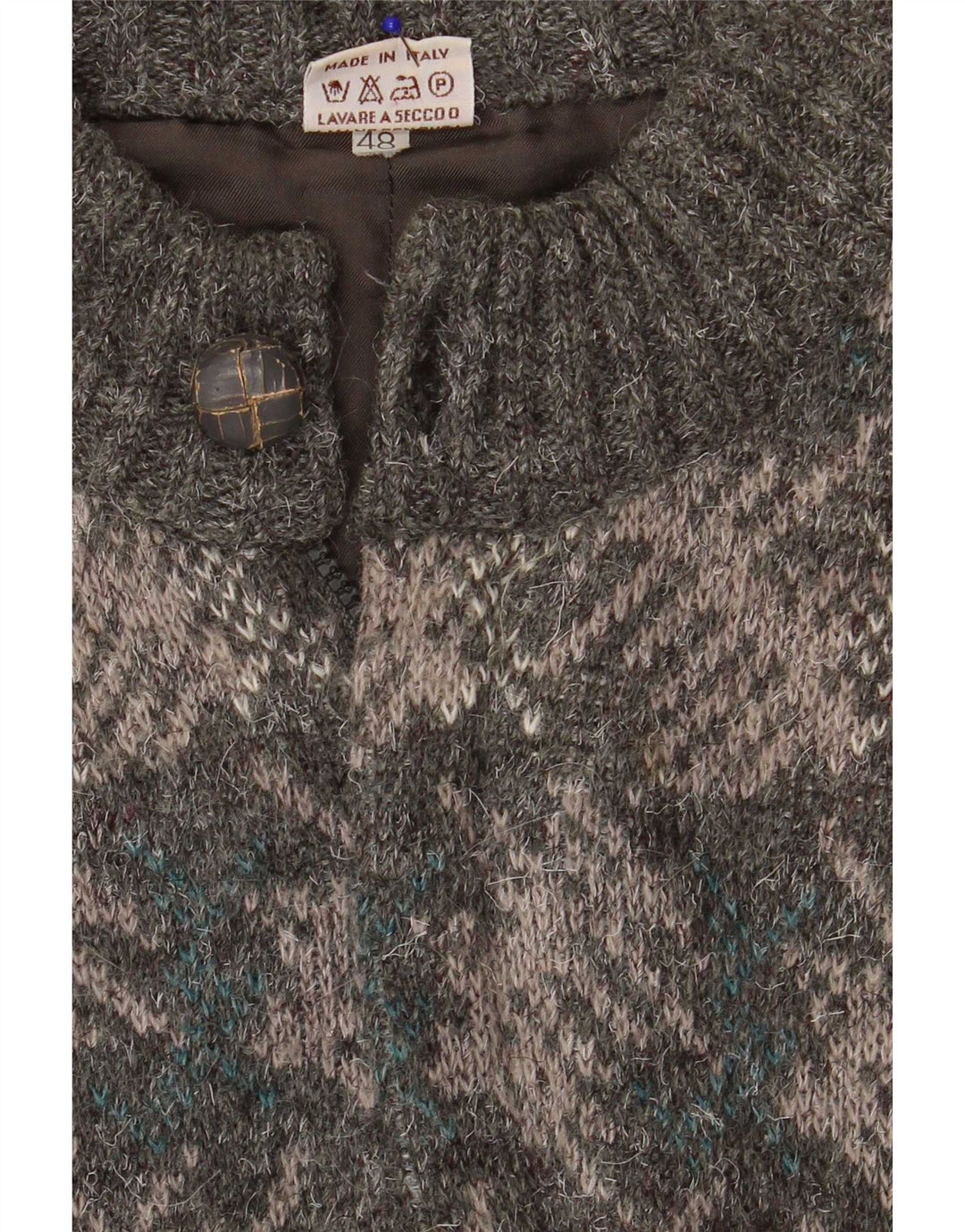 Suéter cardigã masculino vintage IT 48 cinza médio geométrico