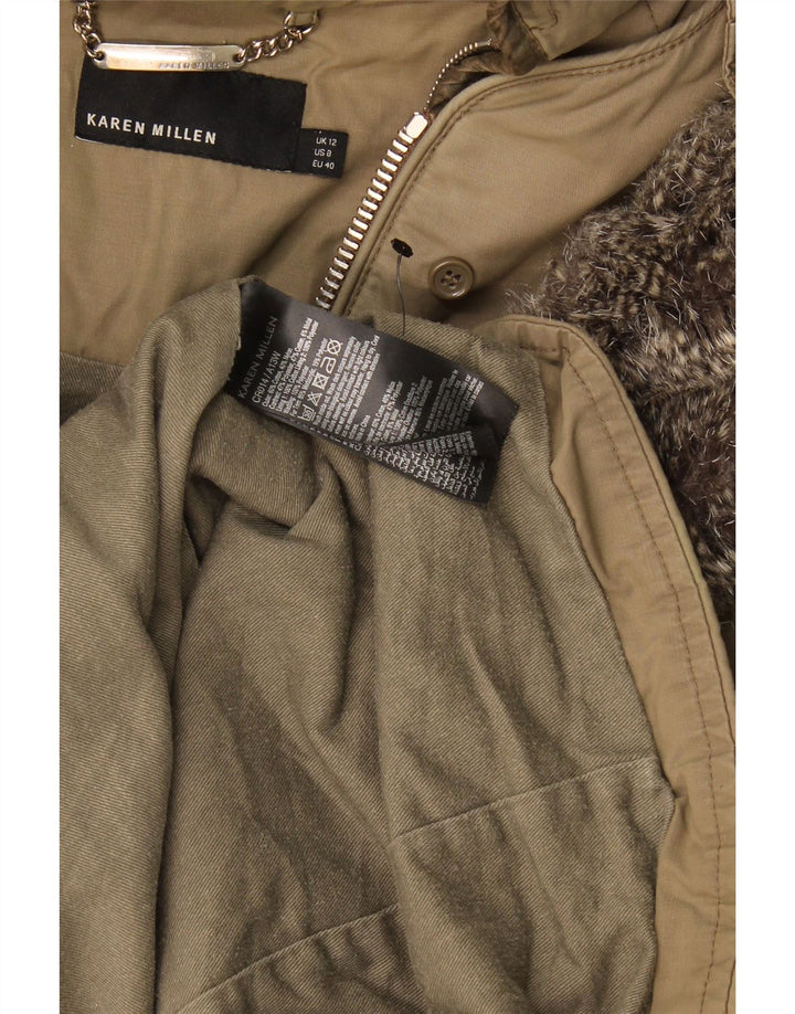 Jaqueta parka feminina com capuz Karen Millen Reino Unido 12 poliéster cáqui médio