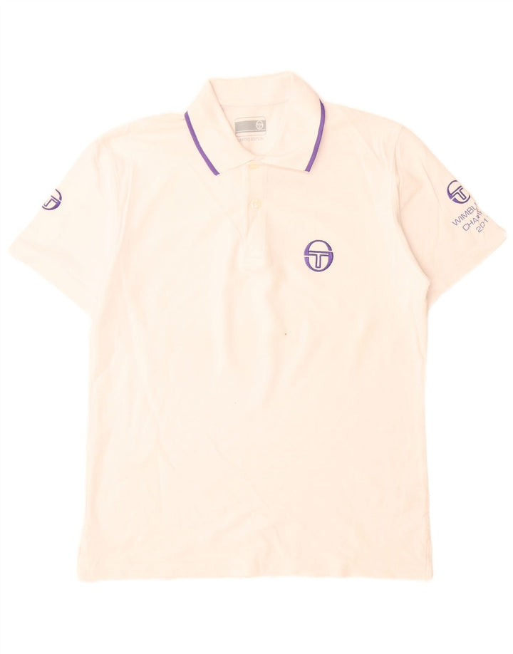 Sergio Tacchini Camisa polo masculina gráfica pequena de algodão branco