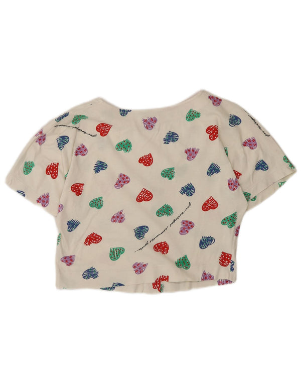 Blusa feminina de manga curta Benetton UK 10 pequena geométrica branca