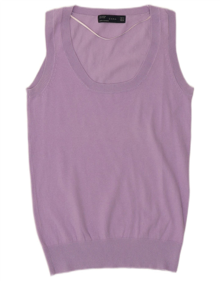 ZARA Womens Vest Tank Top UK 14 Médio Algodão Roxo