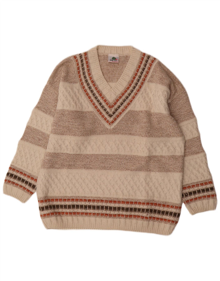 Suéter masculino vintage com decote em V de lã listrada bege médio