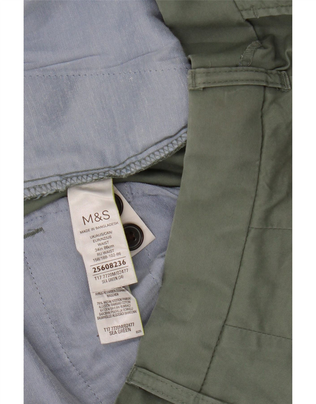 Shorts chino masculino Marks & Spencer W34 grande algodão verde