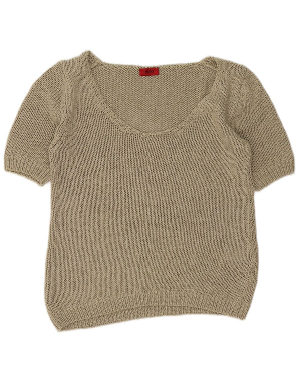 Suéter feminino Hugo Boss de manga curta com gola canoa Reino Unido 14 grande cáqui