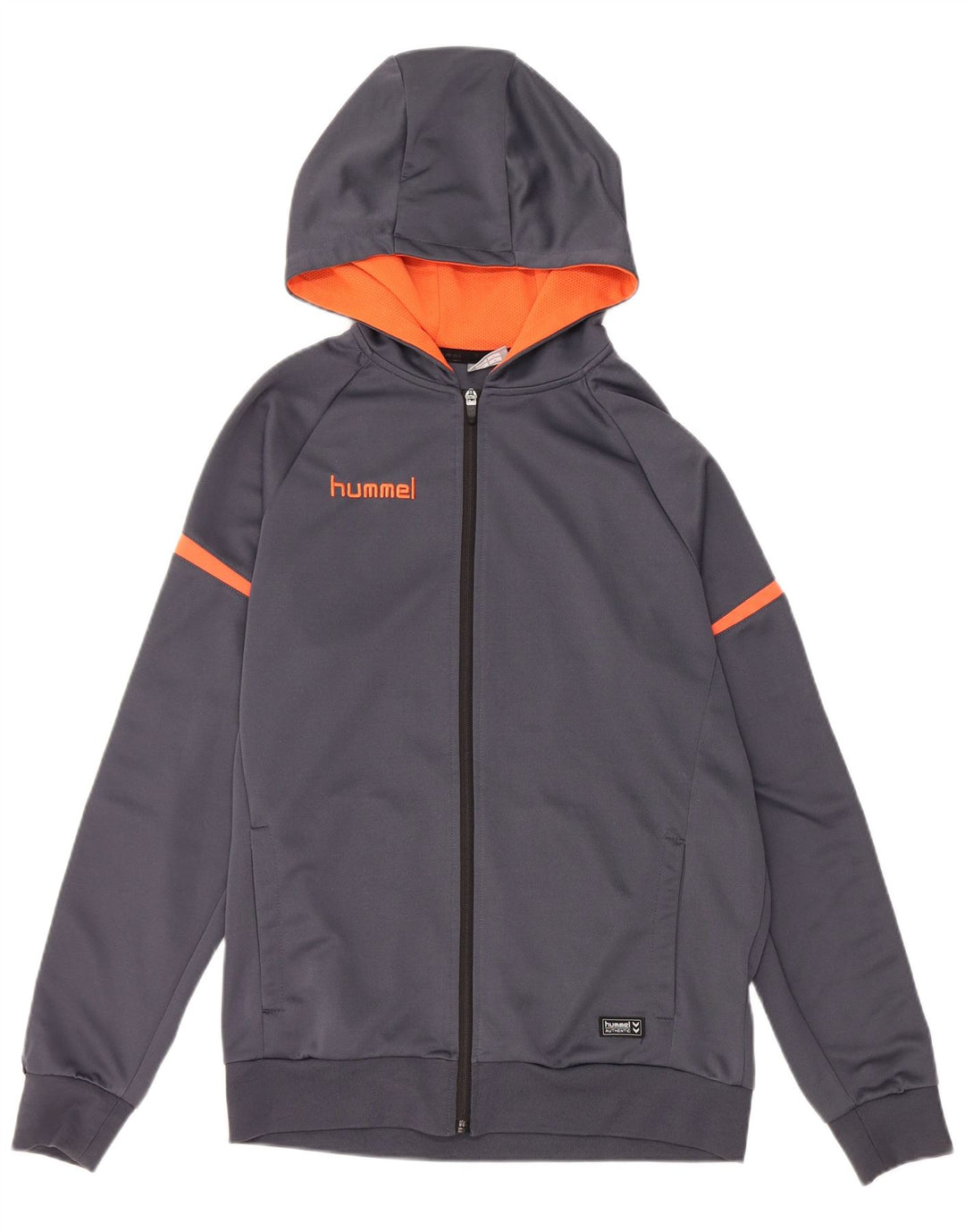 Suéter masculino HUMMEL com capuz e zíper gráfico grande cinza colorido bloco de poliéster