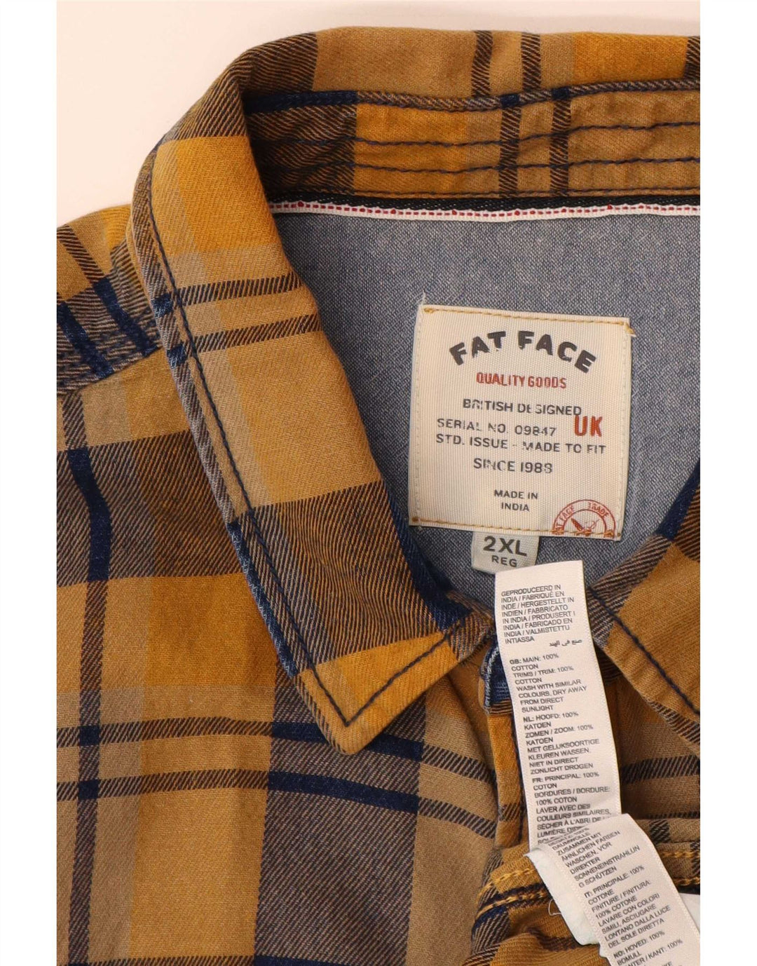 Camisa de flanela masculina Fat Face 2XL algodão xadrez amarelo