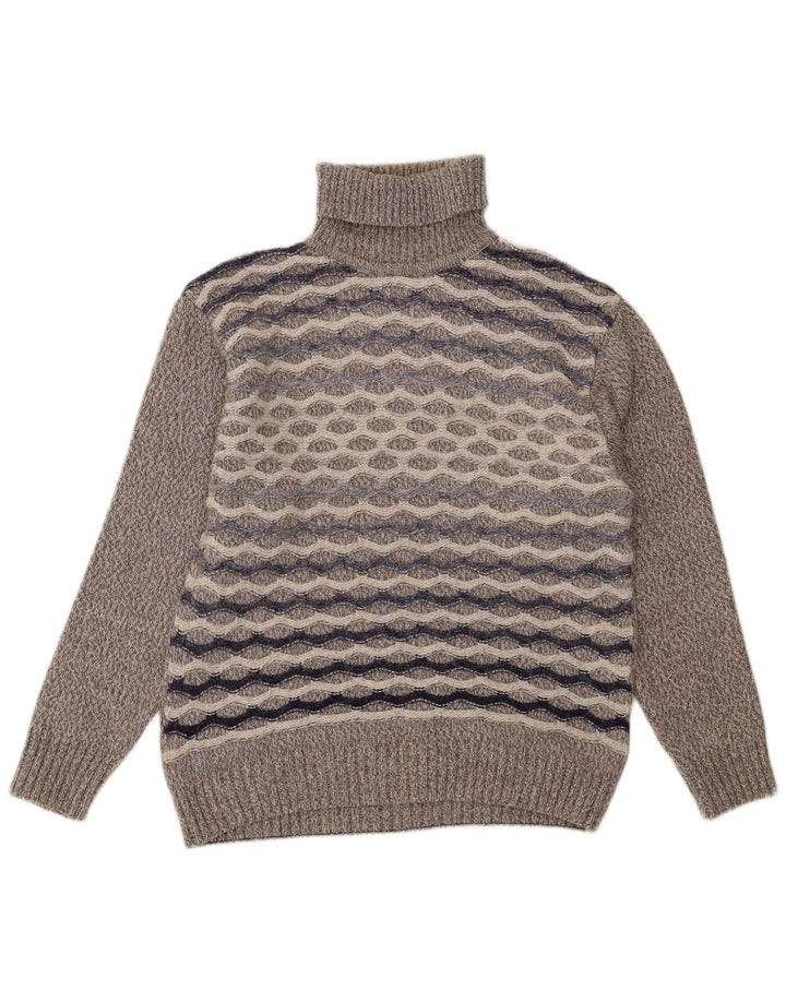 Suéter vintage masculino com gola redonda e lã listrada cinza grande