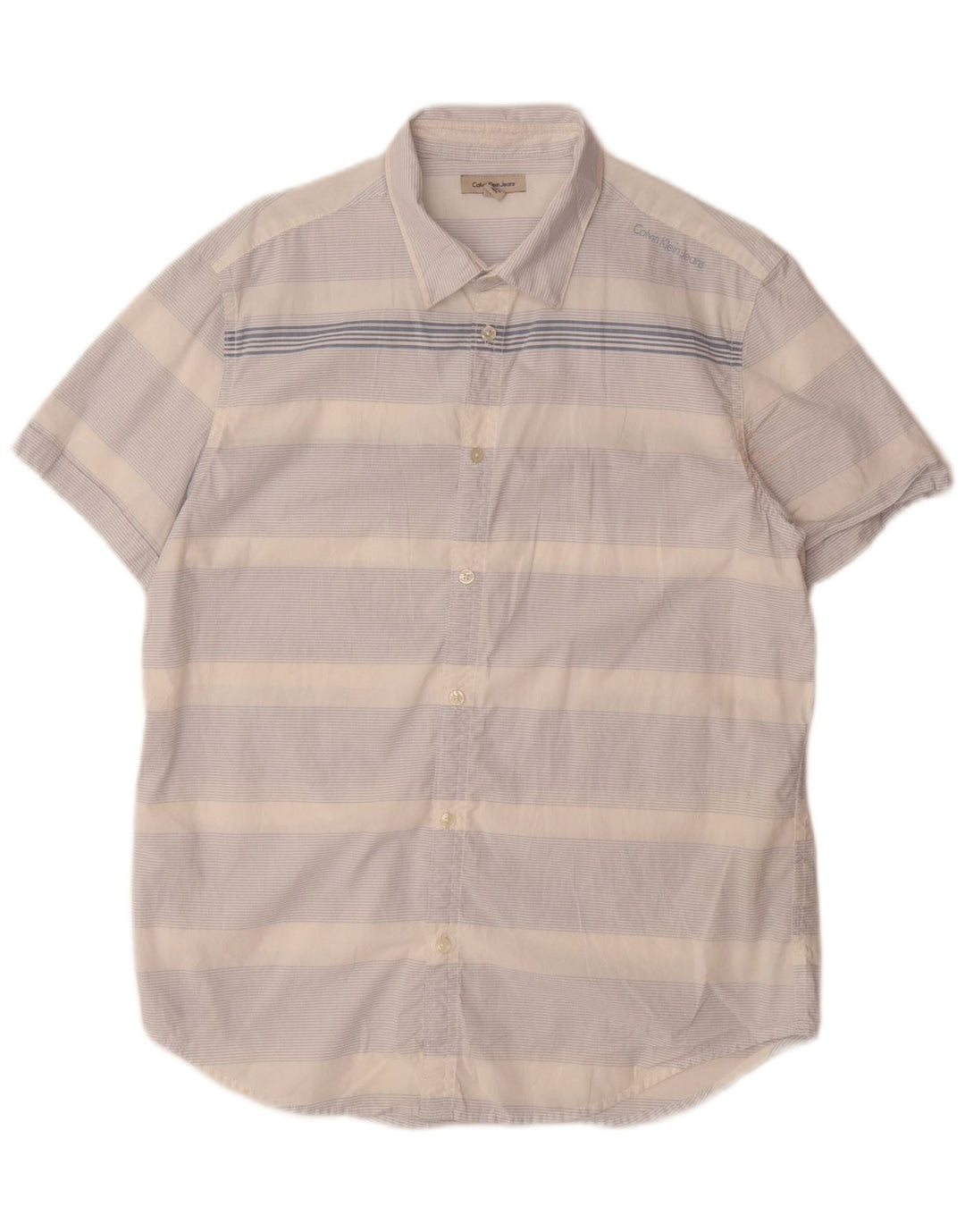 Camisa masculina de manga curta CALVIN KLEIN JEANS algodão listrado azul médio