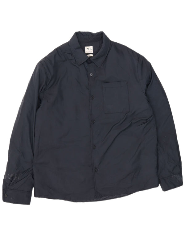 Jaqueta corta-vento masculina Zara UK 42 XL azul marinho poliéster