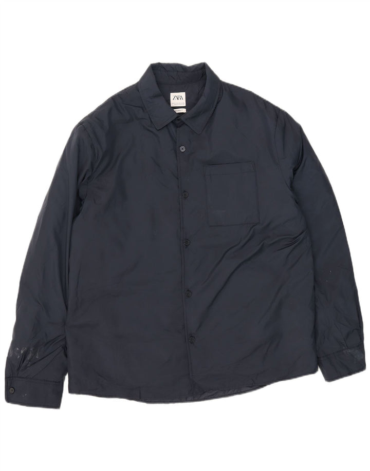 Jaqueta corta-vento masculina Zara UK 42 XL azul marinho poliéster