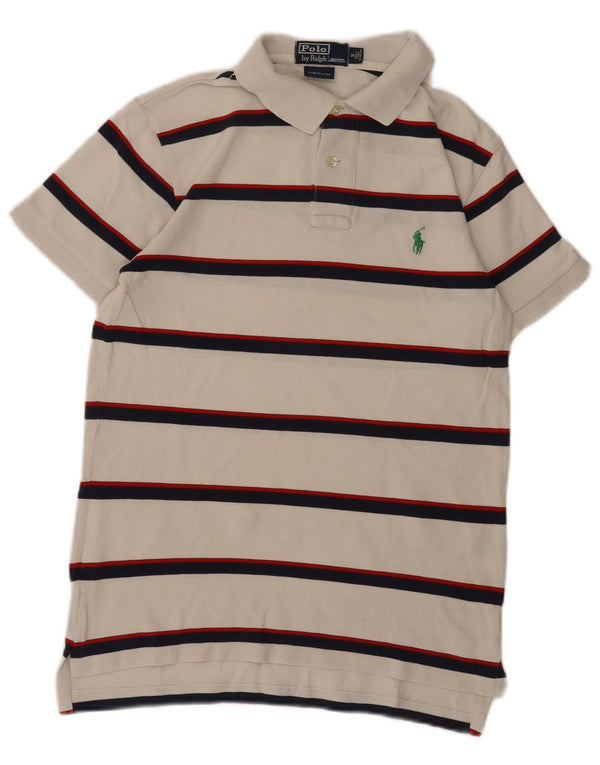 Polo Ralph Lauren Mens Custom Fit Camisa Polo Pequena Listrada Branca de Algodão
