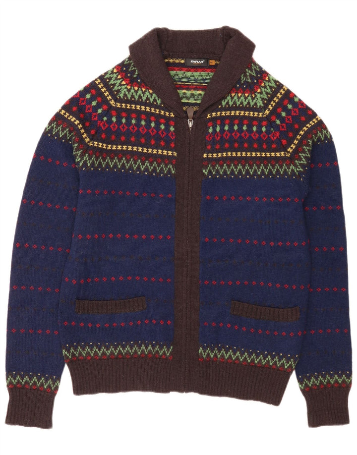 Suéter masculino Farah com zíper completo e lã Fair Isle azul médio