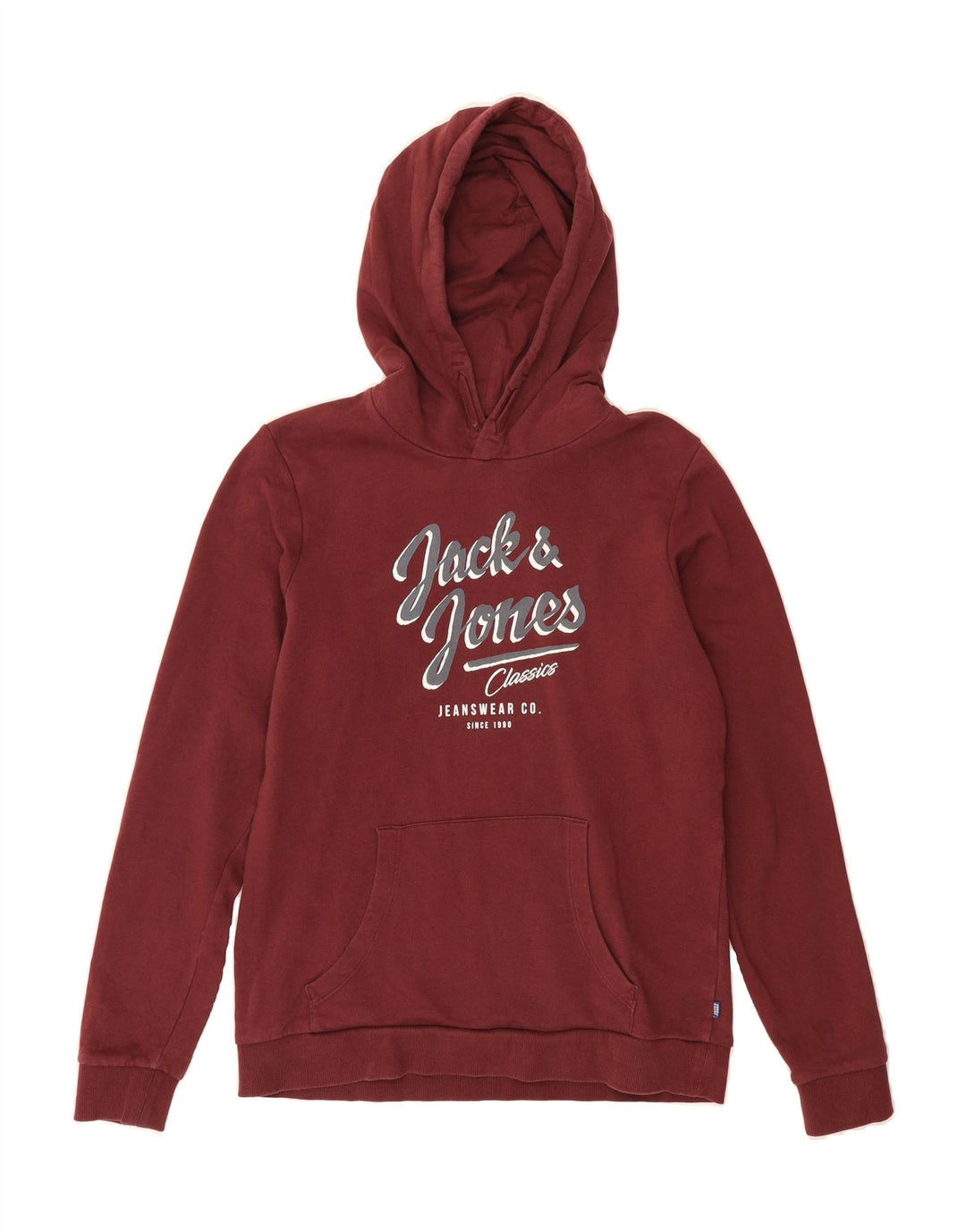 JACK & JONES Mens Graphic Hoodie Jumper Small Burgundy Cotton Vintage Jack & Jones and Second-Hand Jack & Jones from Messina Hembry 