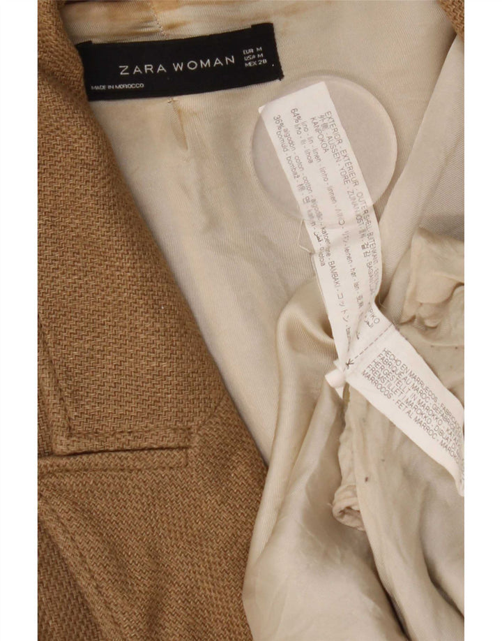 Jaqueta blazer feminina Zara Longline com peito duplo Reino Unido 14 linho marrom médio