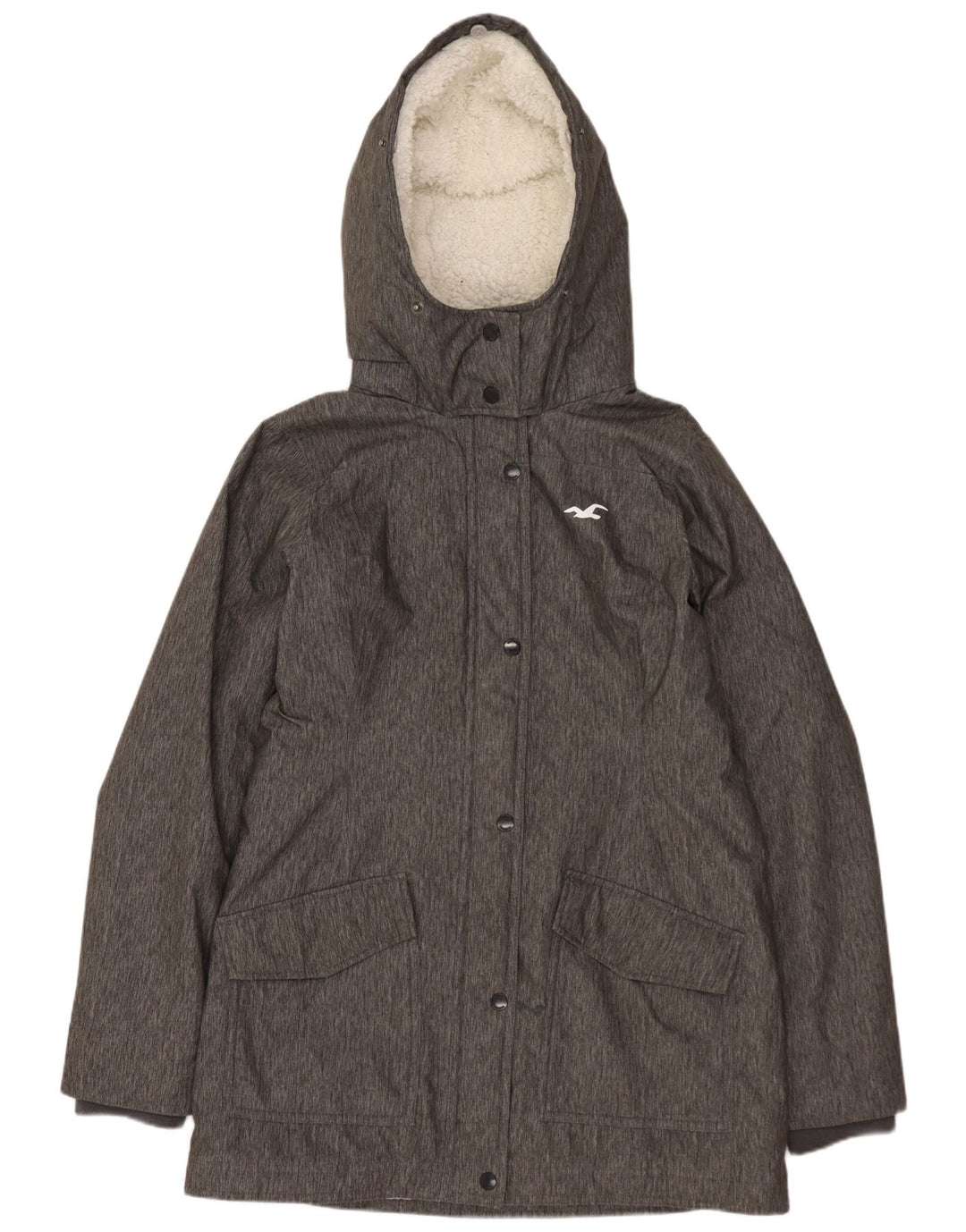 Jaqueta parka feminina com capuz HOLLISTER UK 14 poliéster manchado cinza médio