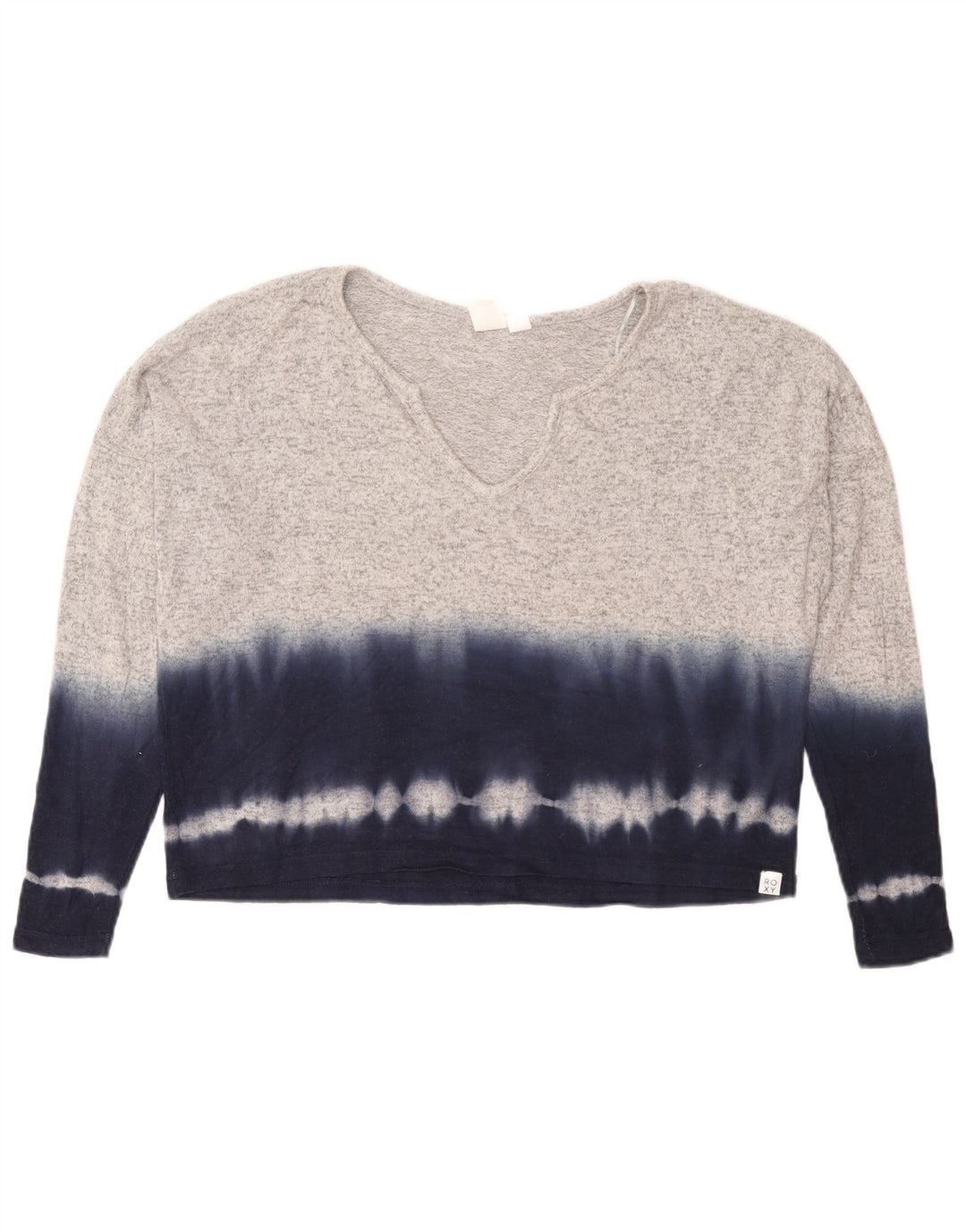 Roxy Top feminino oversized manga comprida UK 10 pequeno cinza tie-dye viscose
