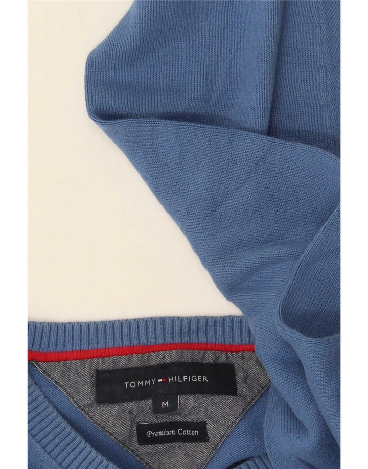 Tommy Hilfiger Suéter masculino com decote em V de algodão azul médio