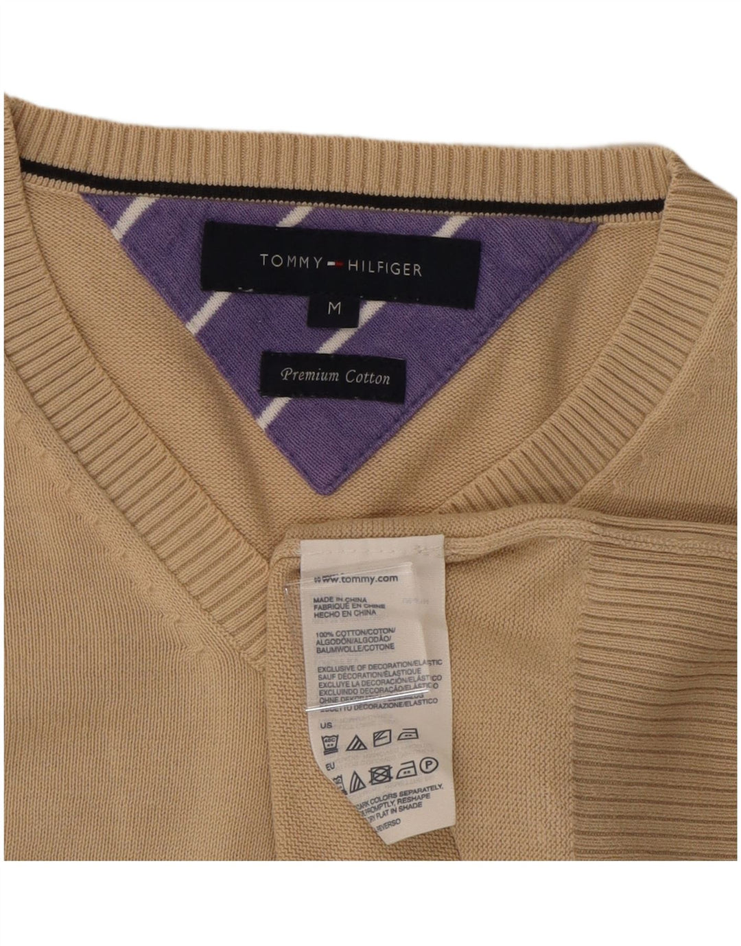 Suéter masculino TOMMY HILFIGER com decote em V de algodão bege médio