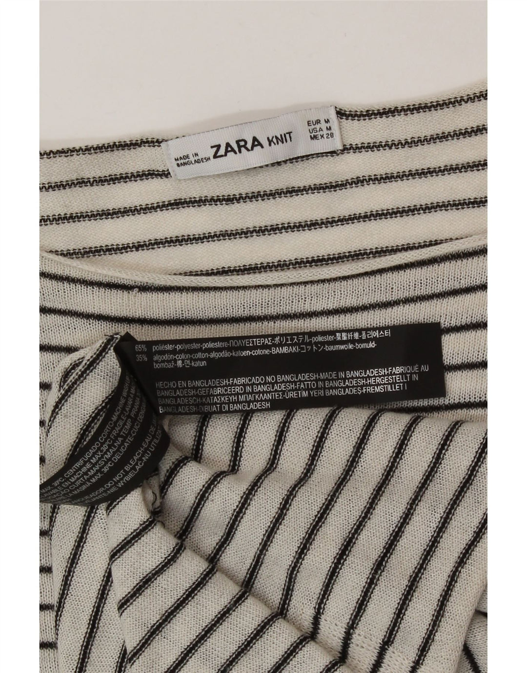 Zara Top feminino oversized manga comprida UK 14 poliéster listrado branco médio