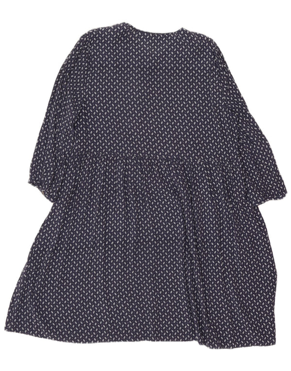 Vestido feminino Jigsaw manga 3/4 evasê UK 14 grande azul marinho viscose manchada