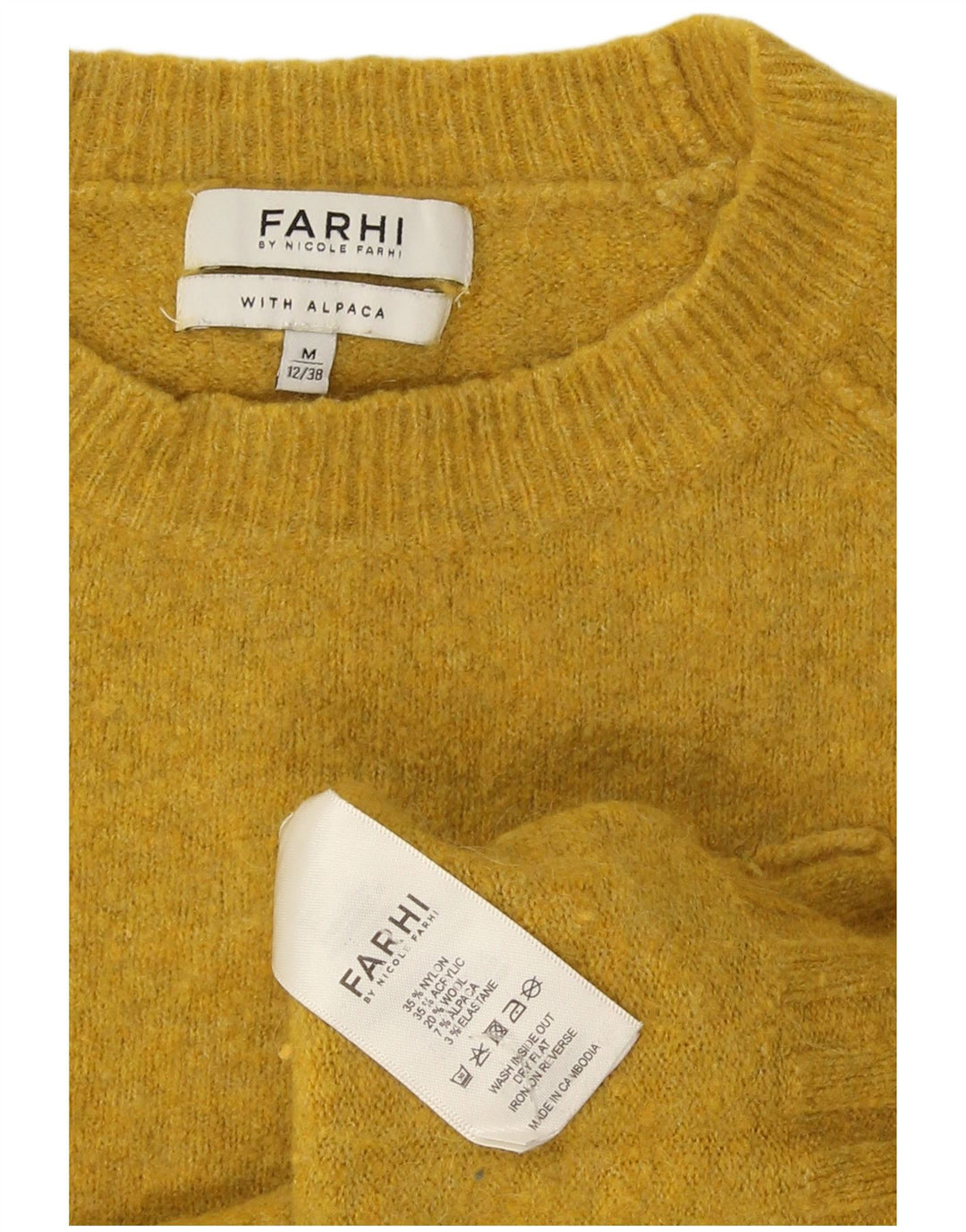 Suéter feminino Farhi com gola redonda Reino Unido 12 nylon amarelo médio