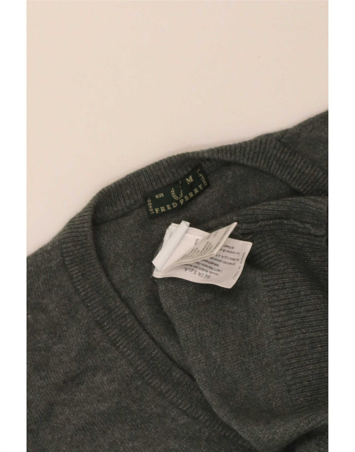 Suéter feminino Fred Perry com decote em V Reino Unido 12 lã cinza médio
