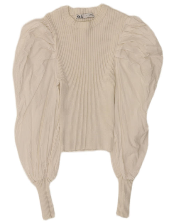Zara blusa feminina cropped manga comprida top Reino Unido 12 algodão branco médio