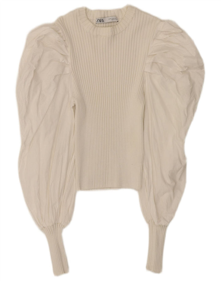 Zara blusa feminina cropped manga comprida top Reino Unido 12 algodão branco médio