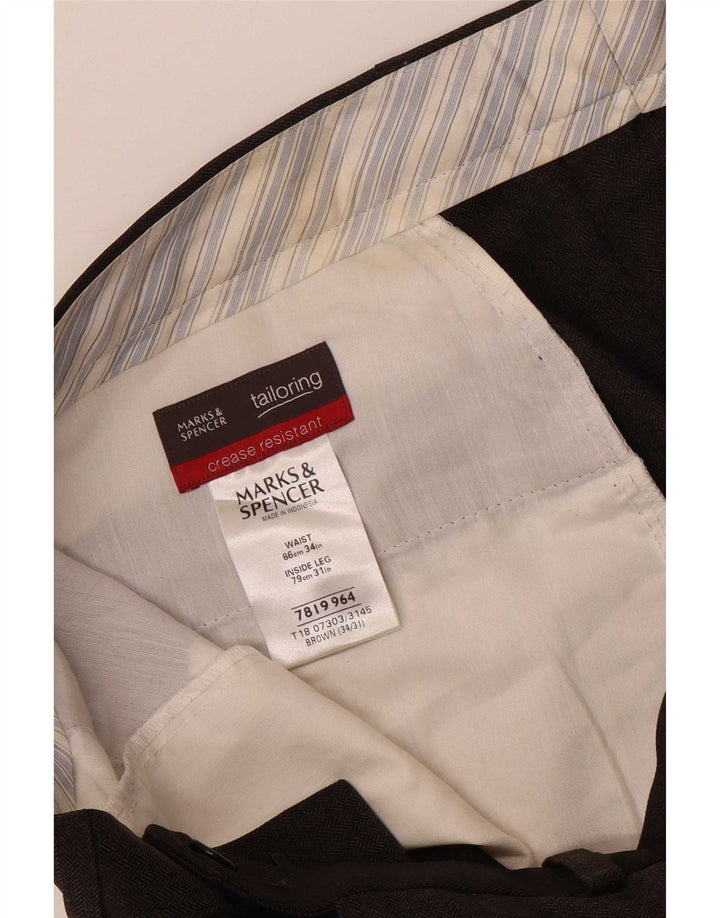 Calça masculina de terno reto Marks & Spencer W34 L31 espinha de peixe marrom