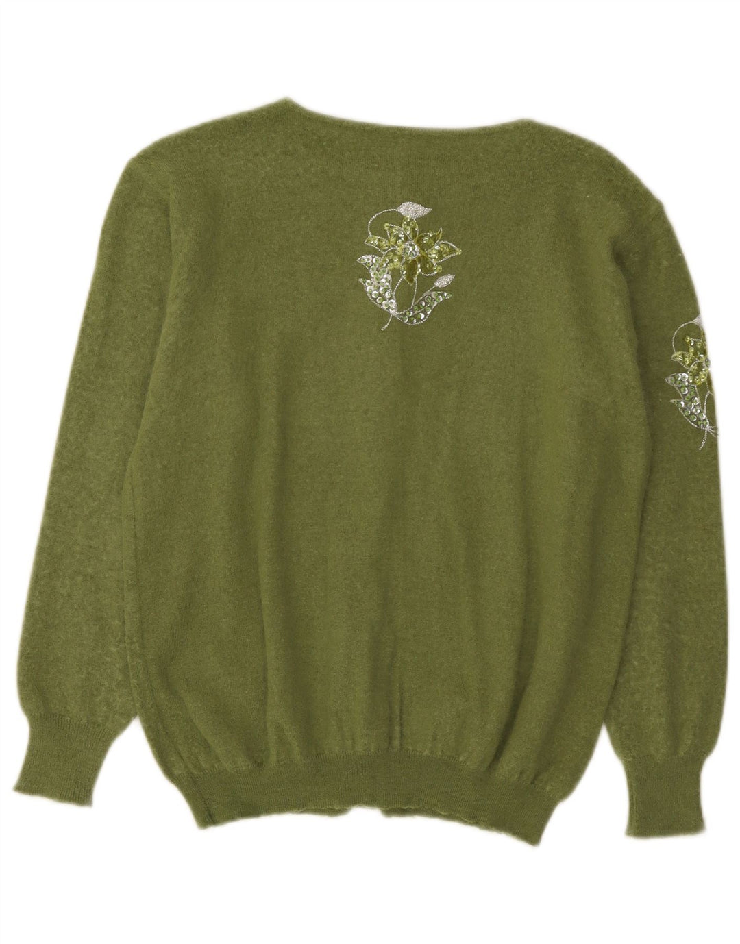 Suéter cardigã feminino VINTAGE Reino Unido 12 angorá floral verde médio