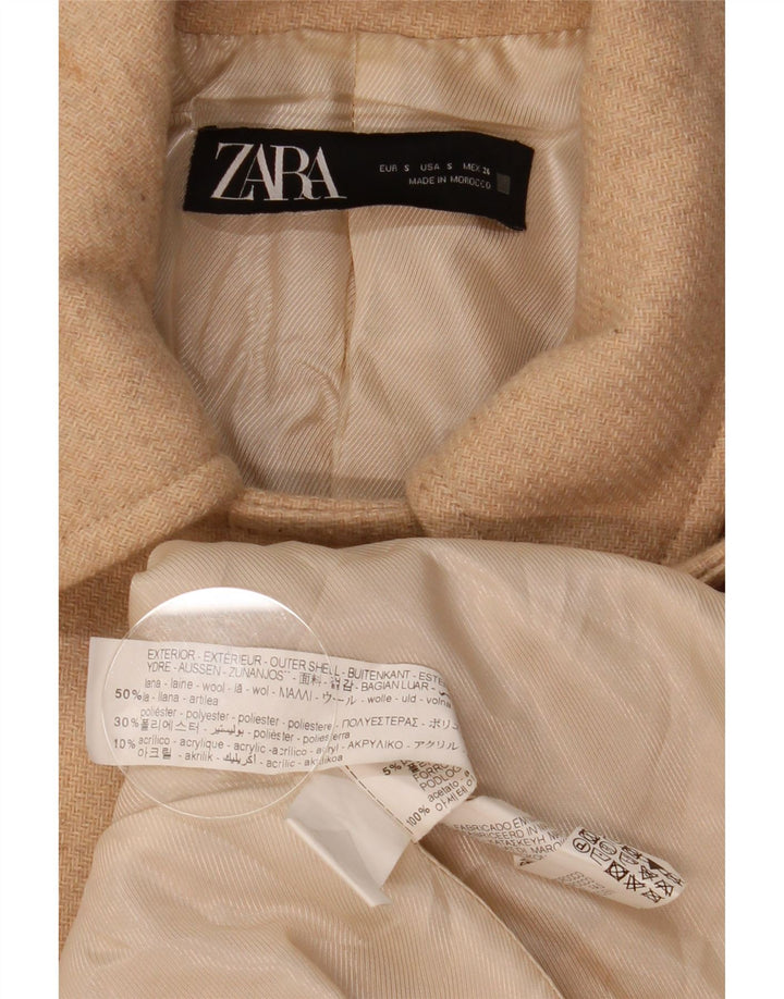 Casaco feminino Zara com peito duplo Reino Unido 10 lã espinha de peixe pequena bege