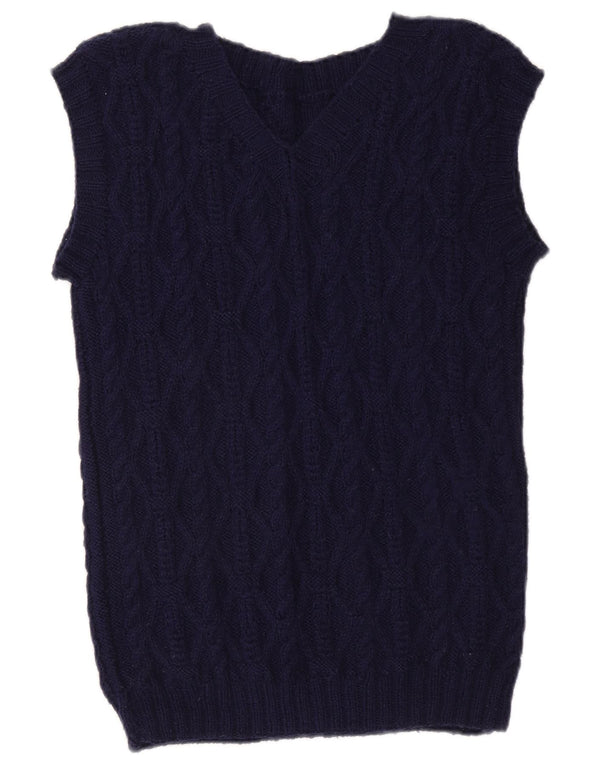 Suéter feminino vintage de manga curta com decote em V Reino Unido 12 médio azul marinho