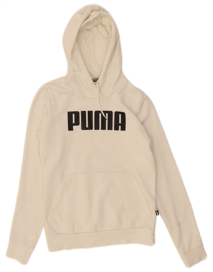 PUMA feminino gráfico moletom com capuz UK 8 pequeno algodão branco