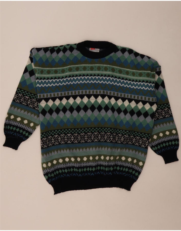 Suéter masculino VINTAGE com gola redonda, médio multicolorido geométrico