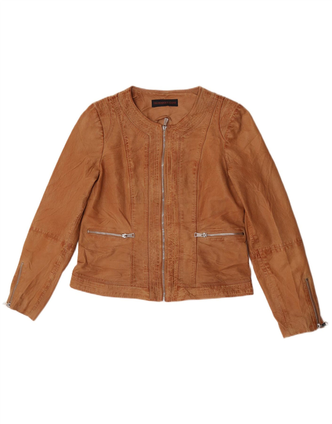 Jaqueta de couro feminina Trussardi Jeans IT 46 grande couro marrom