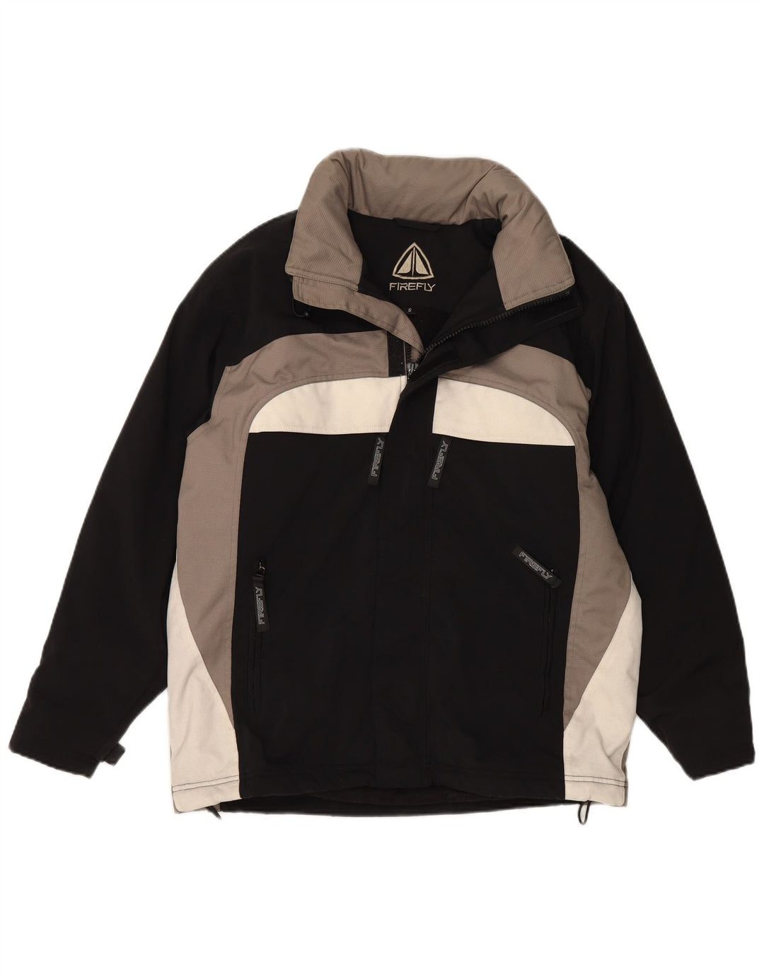 Jaqueta corta-vento masculina VINTAGE com capuz Reino Unido 36 pequeno bloco colorido preto de nylon