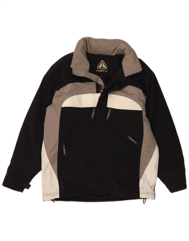 Jaqueta corta-vento masculina VINTAGE com capuz Reino Unido 36 pequeno bloco colorido preto de nylon