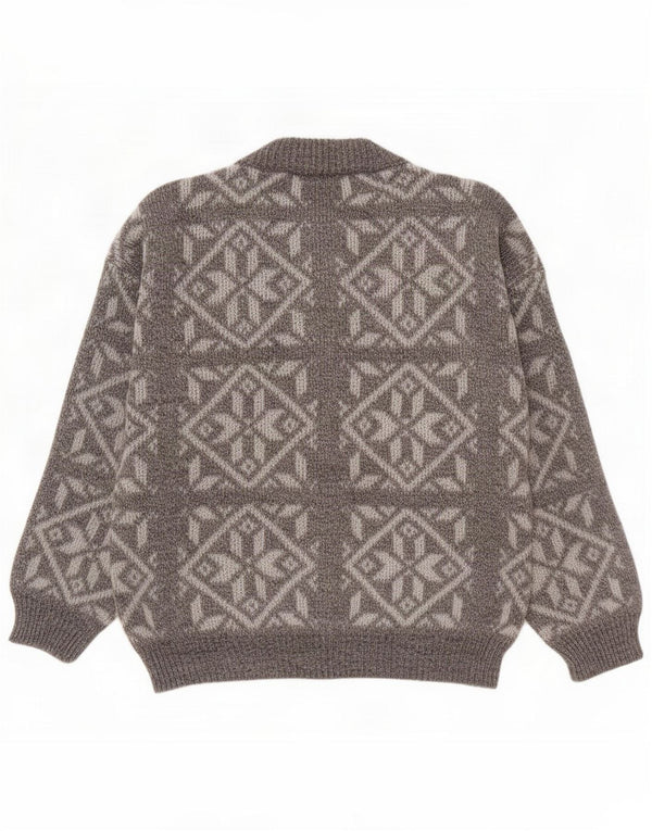 Suéter cardigã masculino solto vintage pequeno cinza Fair Isle Wool