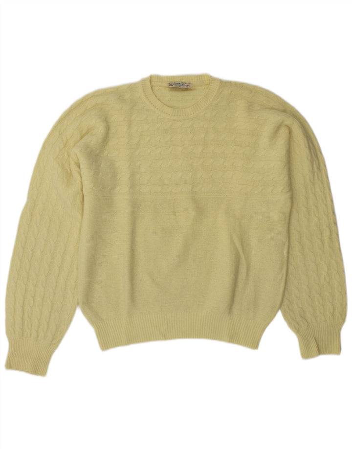 Suéter feminino VINTAGE com gola redonda Reino Unido 14 lã virgem amarela média