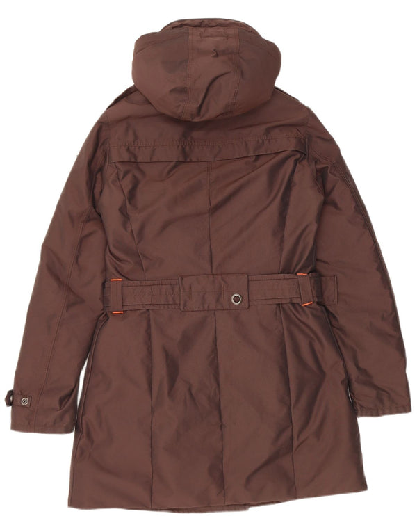Casaco acolchoado com capuz duplo vintage feminino Reino Unido 10 pequeno marrom nylon