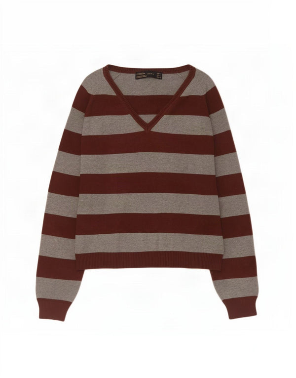 Suéter feminino Zara com decote em V, Reino Unido 14, grande, cinza, listrado, algodão