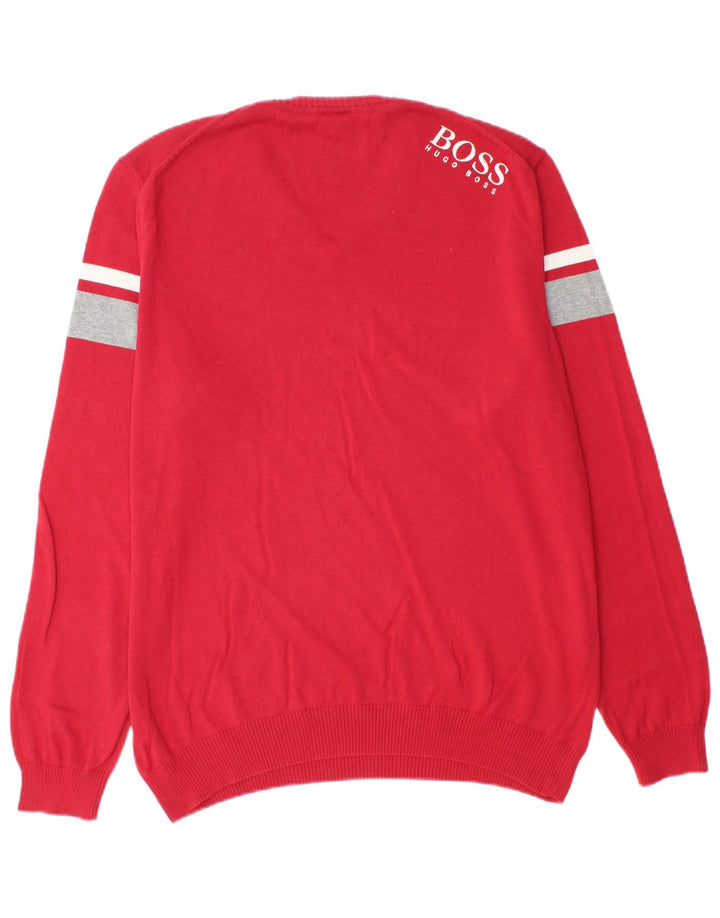 Suéter masculino HUGO BOSS gráfico com decote em V grande bloco colorido vermelho