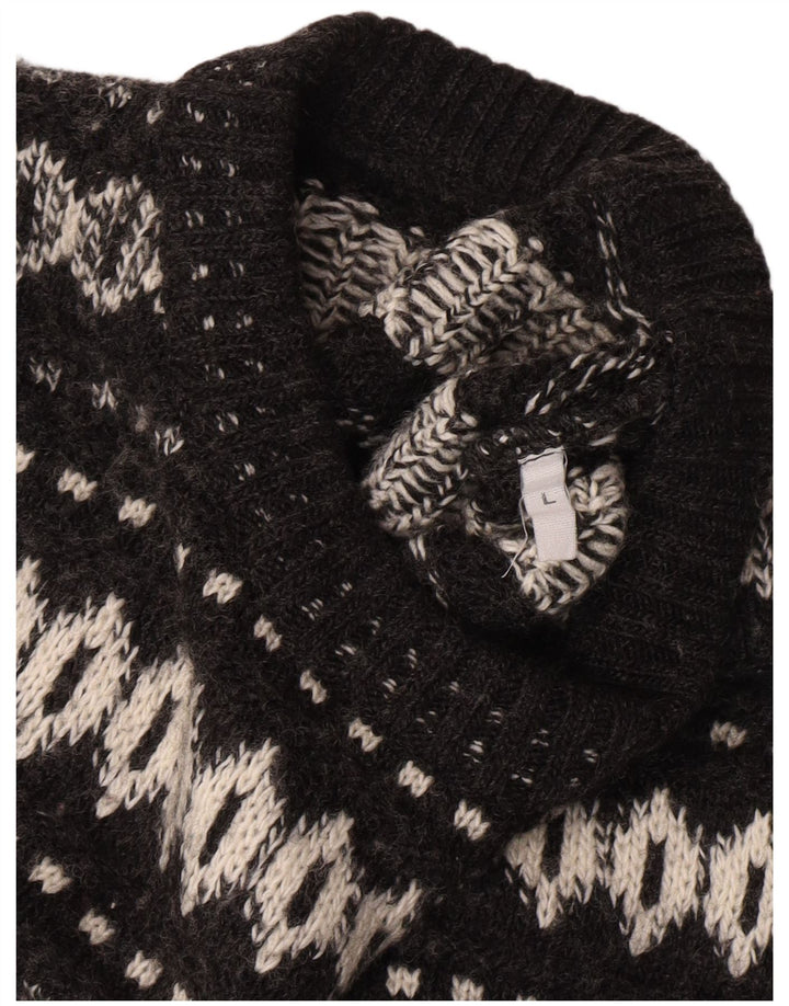 Suéter masculino vintage com gola redonda grande preto Fair Isle