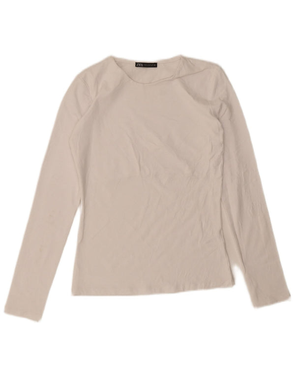 Top feminino Zara manga comprida UK 12 algodão branco médio