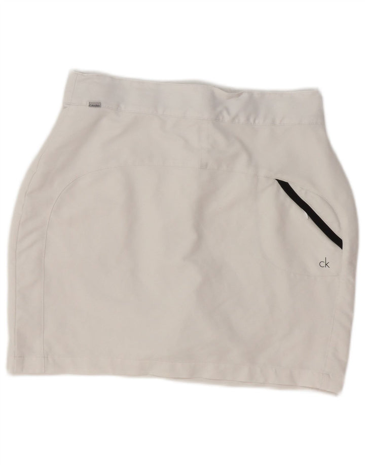 Mini saia feminina Calvin Klein Reino Unido 10 pequena W28 poliéster branco