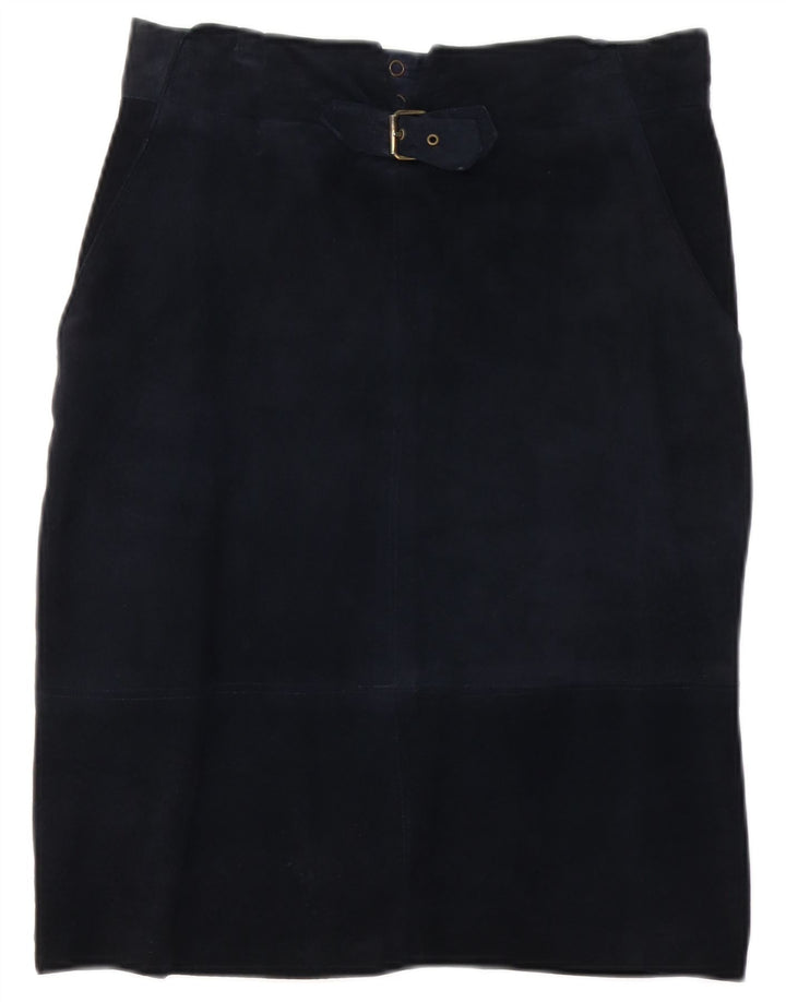 Saia reta feminina de camurça vintage W30 azul marinho médio