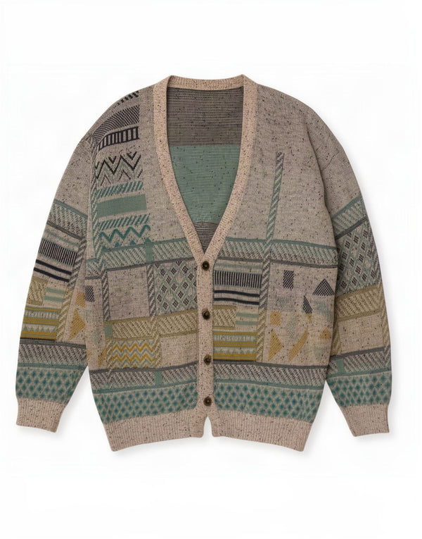 Vintage Mens Cardigan Sweater Large Multicoloured Geometric Retro