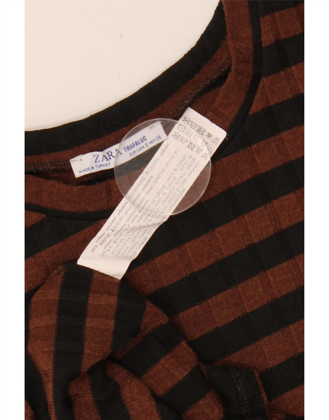 ZARA vestido bodycon feminino manga 3/4 Reino Unido 10 pequeno poliéster listrado marrom