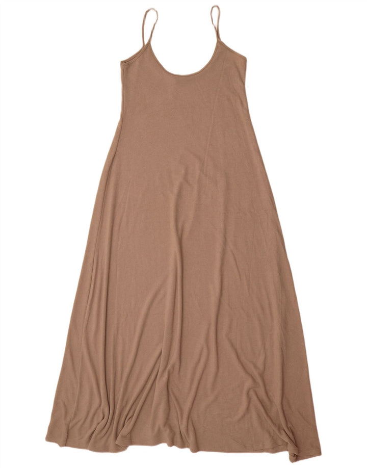 Vestido maxi feminino Zara UK 12 poliéster bege médio
