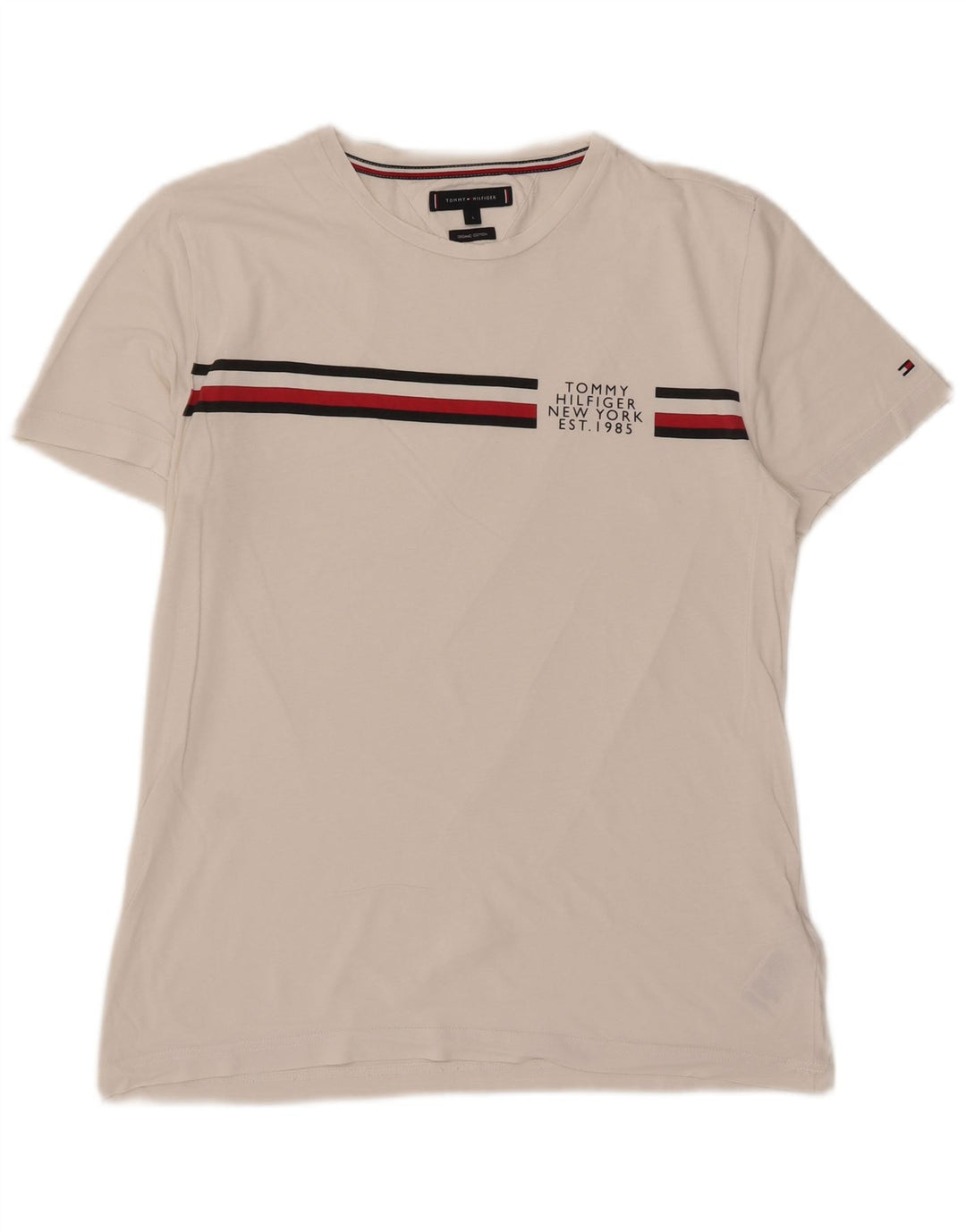 Tommy Hilfiger Camiseta masculina grande de algodão listrado branco